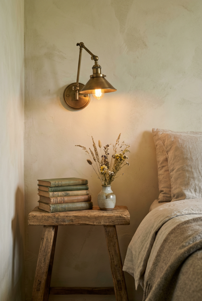 A cozy bedside detail illustrating modern rustic bedroom ideas, with an aged brass wall sconce illuminating a rustic wooden stool used as a nightstand, holding a stack of vintage books and dried grasses against a textured plaster wall.