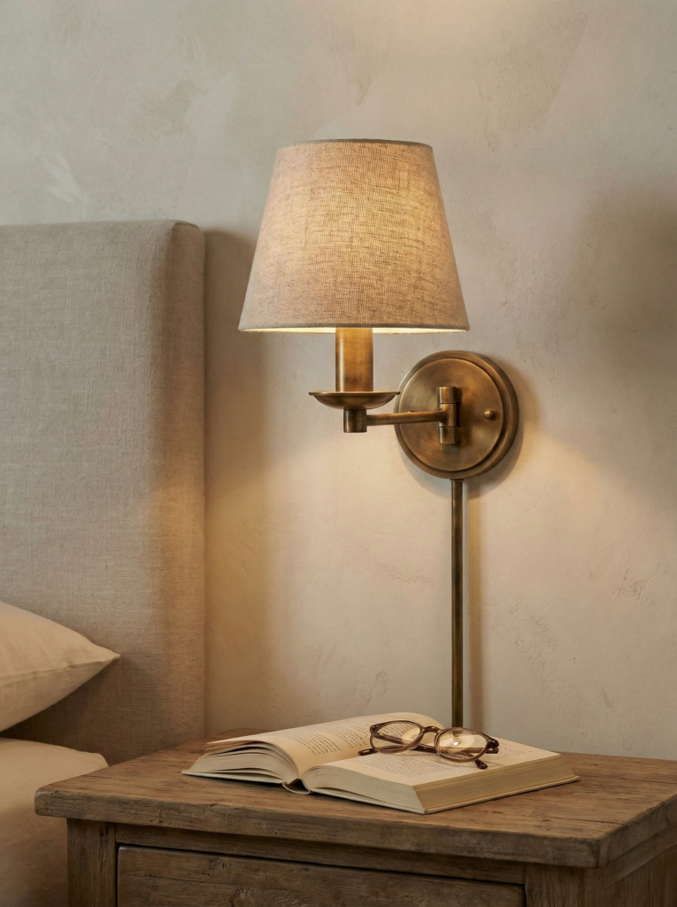 Antique brass wall sconce with linen shade on a limewash wall