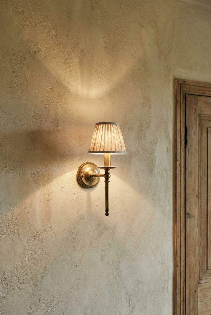 Aged brass wall sconce with linen shade mounted on a textured rustic plaster wall.