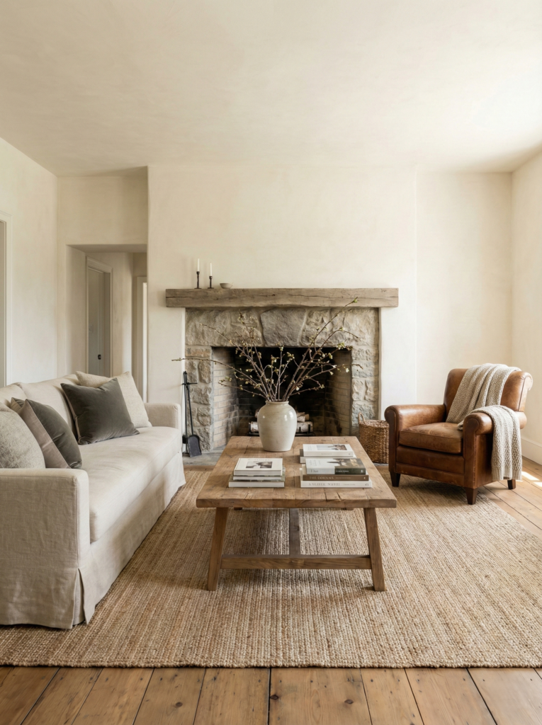 Full view of a cozy country living room with rustic cottage decor, natural wood beams, and neutral furnishings.
