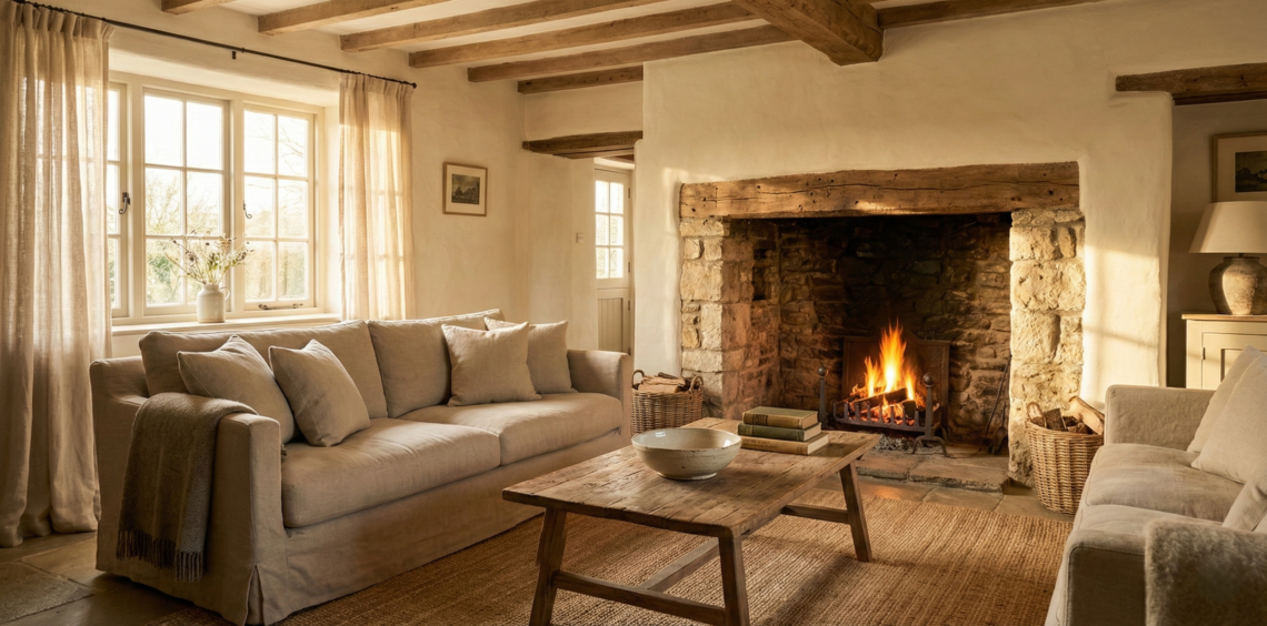 Cozy country living room featuring a stone fireplace, oatmeal linen sofa, and reclaimed wood coffee table bathed in natural light.