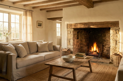 Cozy country living room featuring a stone fireplace, oatmeal linen sofa, and reclaimed wood coffee table bathed in natural light.