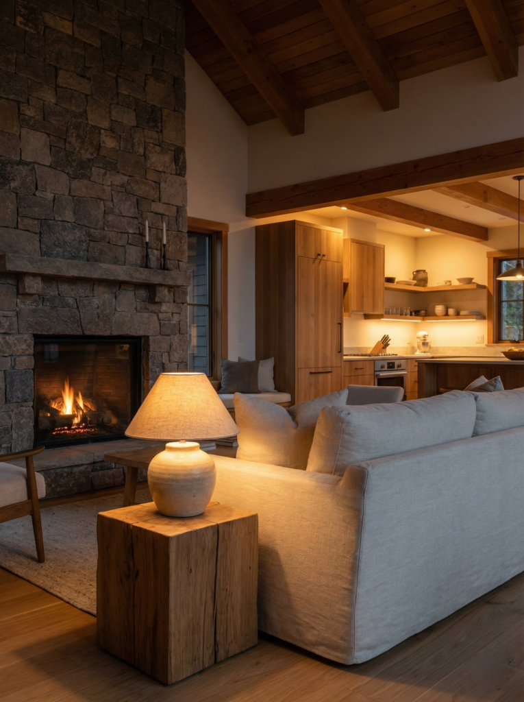 Vertical view of a cozy interior showcasing rustic cabin lighting ideas with a linen sofa and warm ambient light creating a sheltering honey glow.