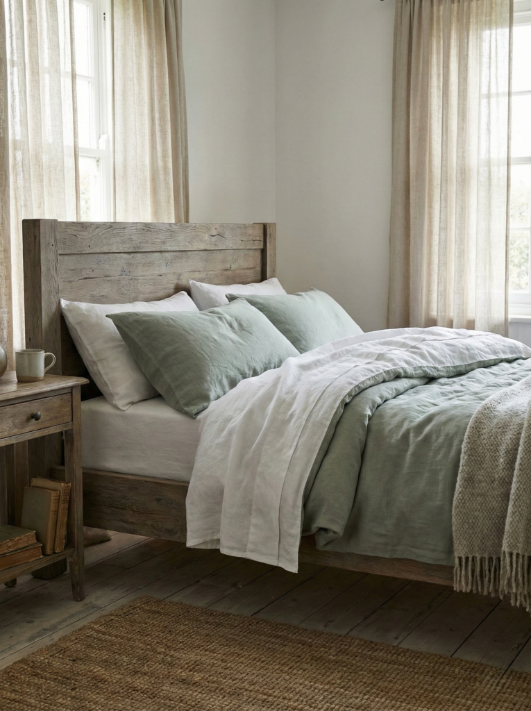 Rustic cottage bedroom with layered linen bedding and morning light
