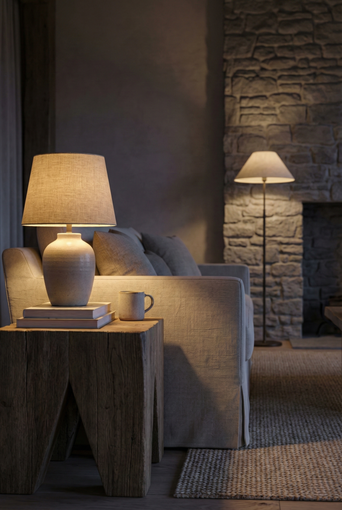 Warm layered lighting in a rustic cabin living room with linen lampshades and soft stone textures.