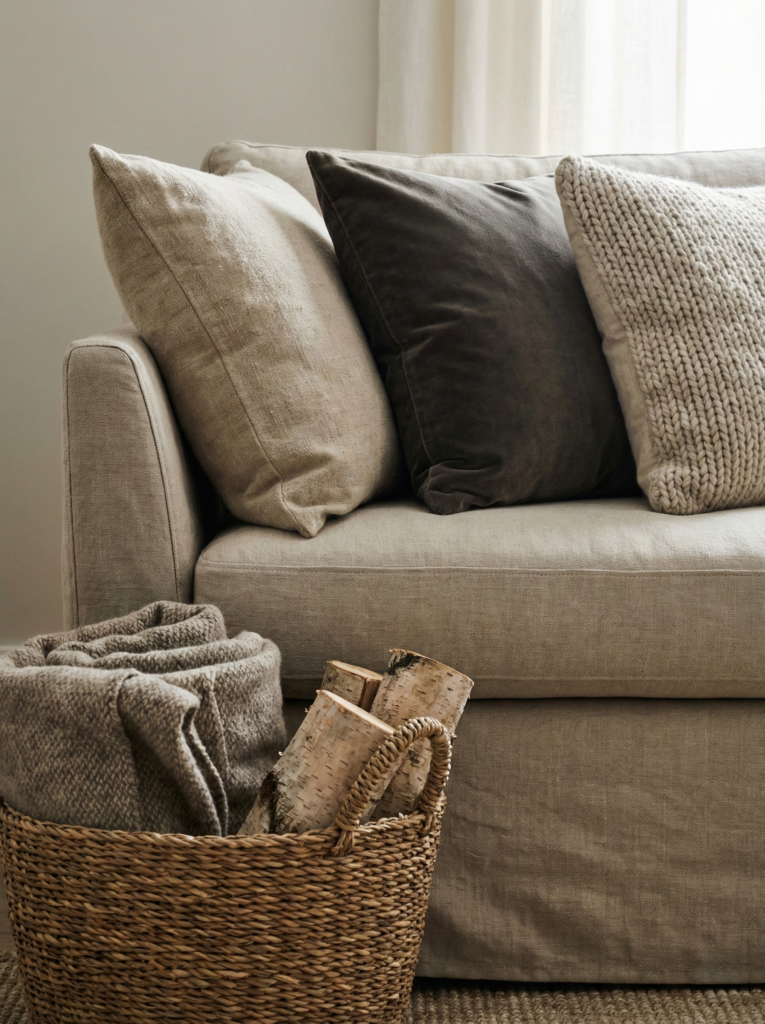 Linen sofa layered with textured pillows and wool blankets for a cozy country living room look.