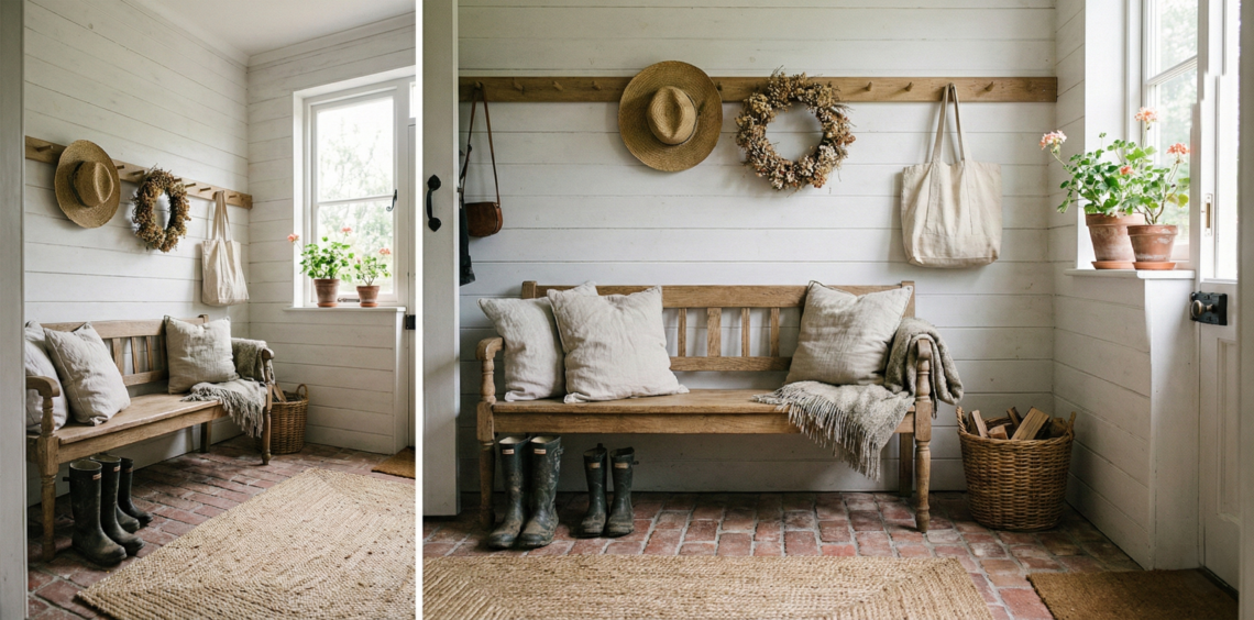 Bright rustic cottage entryway with a wooden bench, shiplap walls, and tumbled brick flooring