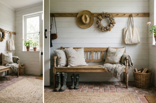 Bright rustic cottage entryway with a wooden bench, shiplap walls, and tumbled brick flooring