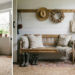 Bright rustic cottage entryway with a wooden bench, shiplap walls, and tumbled brick flooring