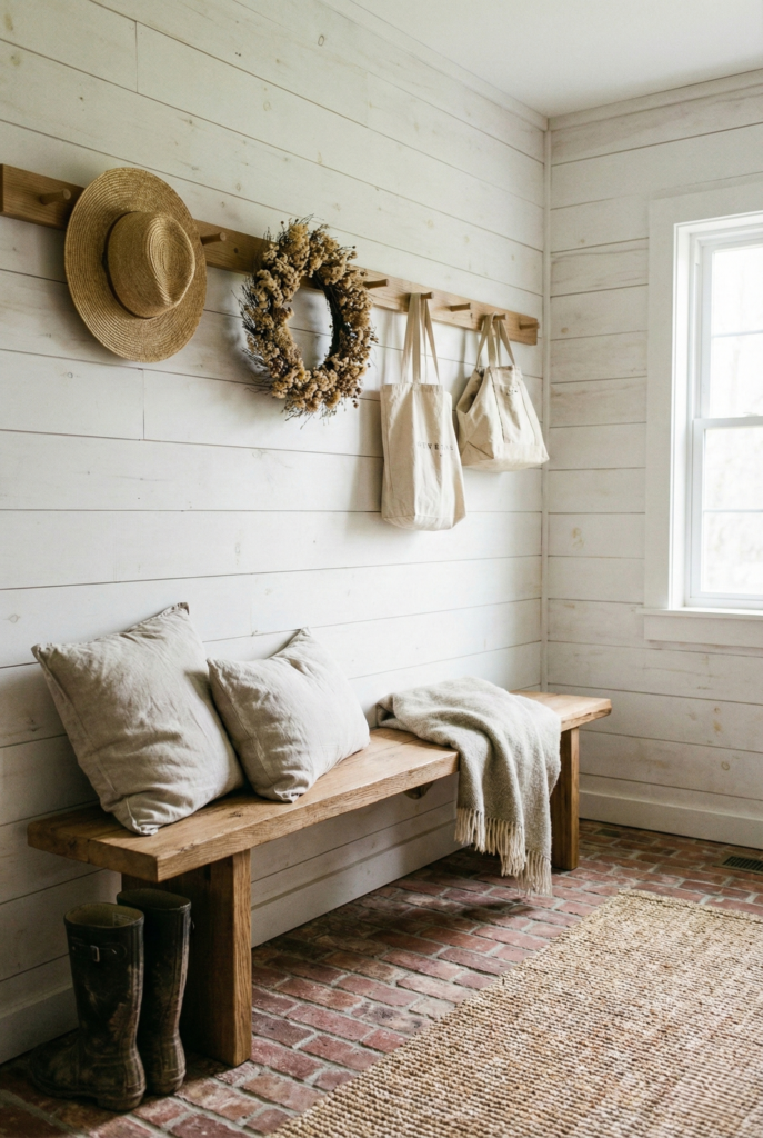 Bright rustic cottage entryway with a wooden bench, shiplap walls, and woven baskets on a brick floor.
