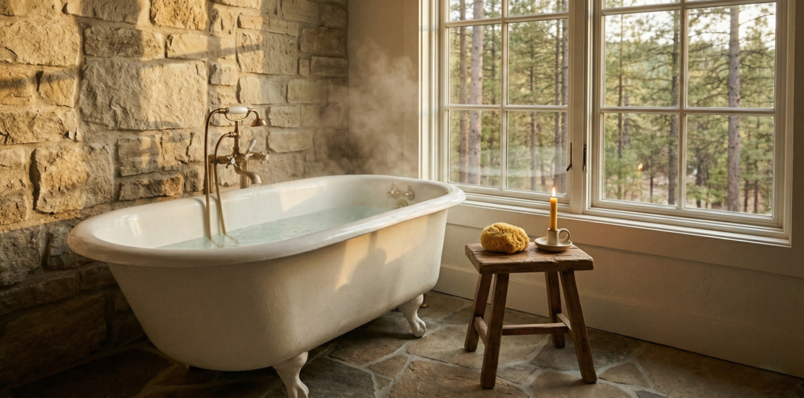 Rustic cottage bathroom featuring a white clawfoot tub, stone walls, and a large window overlooking a forest.