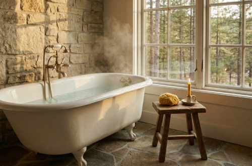 Rustic cottage bathroom featuring a white clawfoot tub, stone walls, and a large window overlooking a forest.