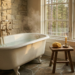 Rustic cottage bathroom featuring a white clawfoot tub, stone walls, and a large window overlooking a forest.