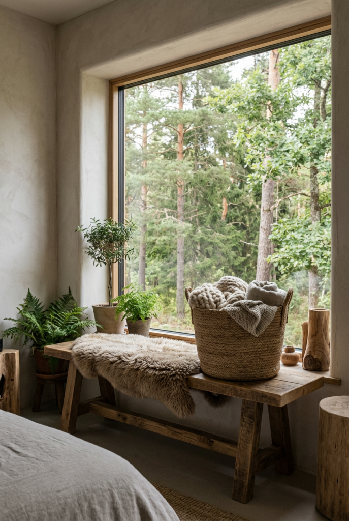 A peaceful reading nook featuring modern rustic bedroom ideas, with a handcrafted wooden bench placed by a large window overlooking a forest, styled with a genuine sheepskin throw and a woven jute basket.