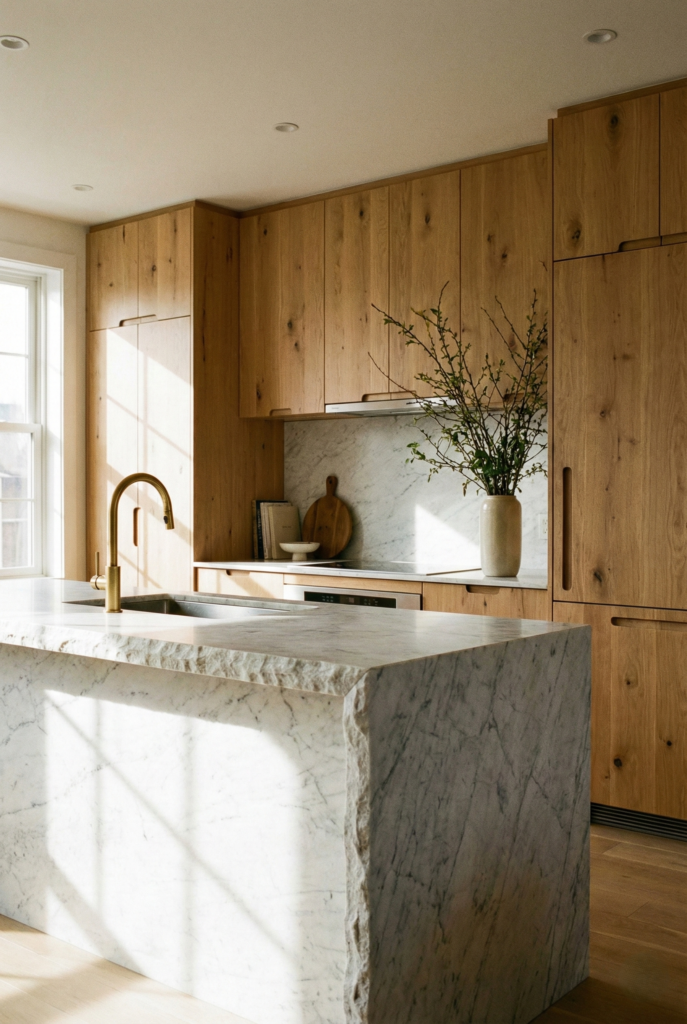 Minimalist rustic kitchen with warm wood cabinets and marble island.