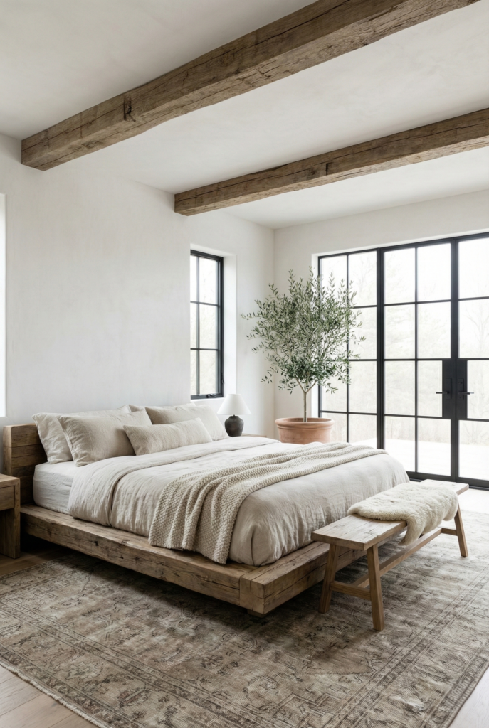 Modern rustic cabin bedroom with lime-washed walls, exposed wooden beams, and a cozy platform bed.