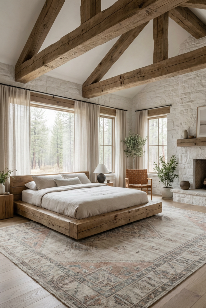Modern rustic cabin bedroom with lime-washed walls, exposed wooden beams, and a cozy platform bed.