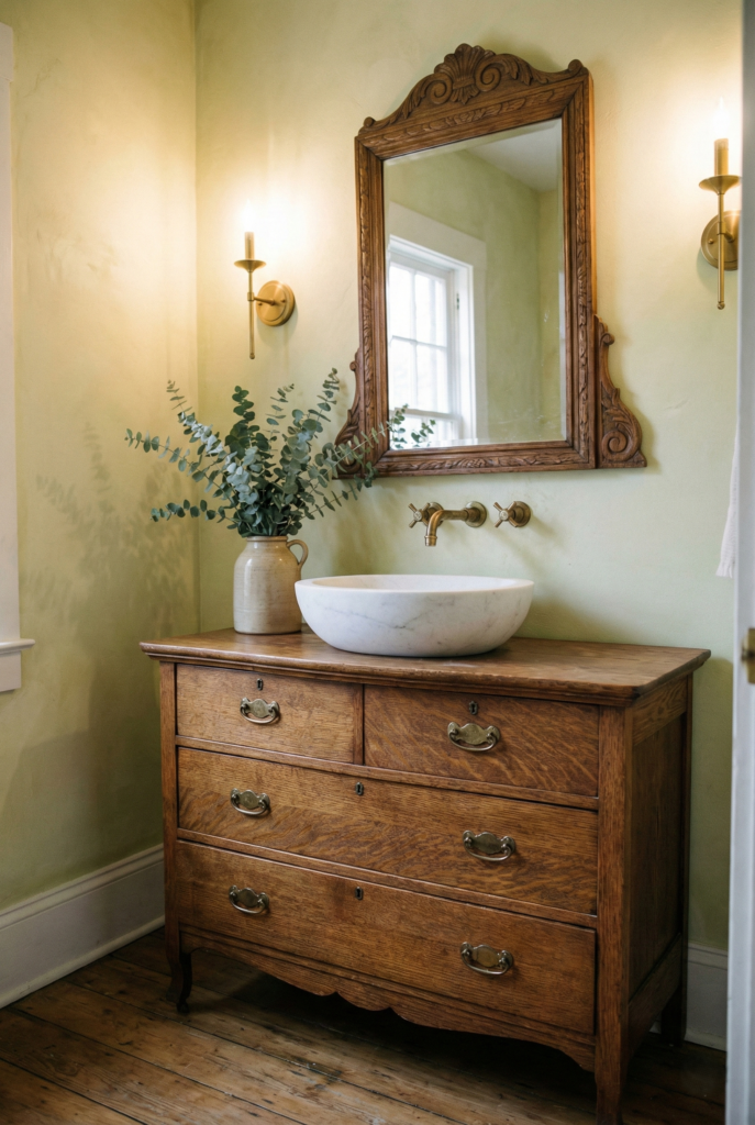 Rustic cottage bathroom vanity made from an antique wooden dresser with a stone vessel sink and brass wall taps.