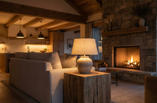 Wide cinematic interior of a rustic cabin living room at dusk, illuminated by warm layered lighting, a stone fireplace, and ceramic lamps.