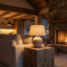 Wide cinematic interior of a rustic cabin living room at dusk, illuminated by warm layered lighting, a stone fireplace, and ceramic lamps.