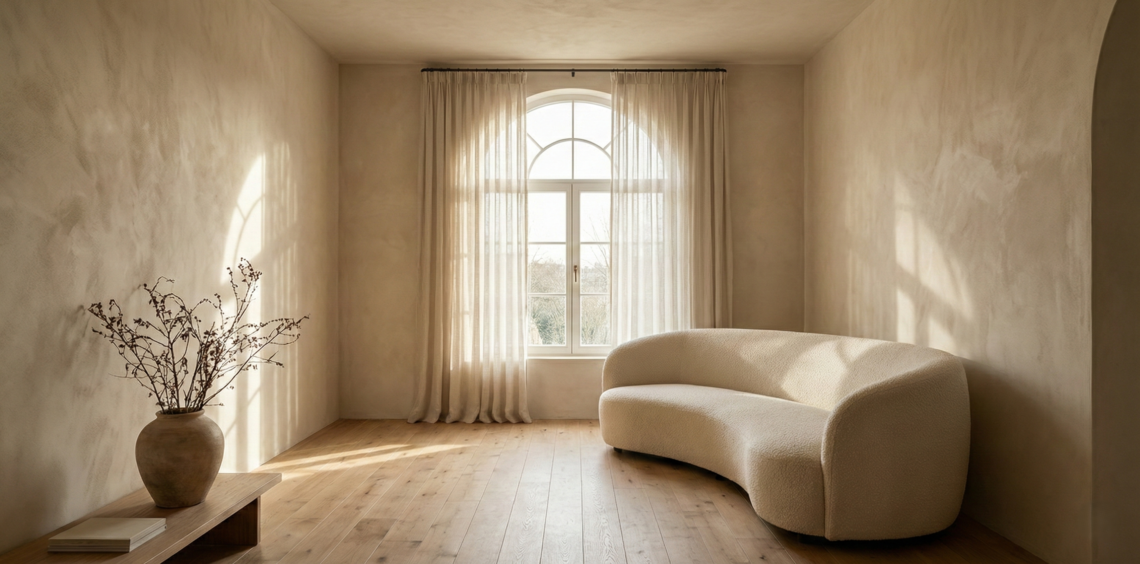 Rustic Modern Revival living room featuring warm beige limewash walls and a curved cream bouclé sofa.