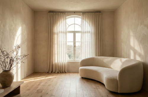 Rustic Modern Revival living room featuring warm beige limewash walls and a curved cream bouclé sofa.