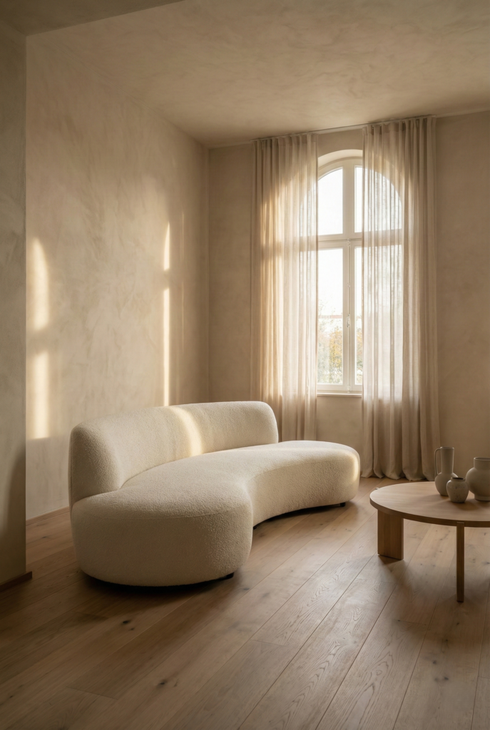 Rustic Modern Revival living room featuring a curved cream bouclé sofa, warm beige limewash walls, and sunlight streaming through an arched window with linen drapes.
