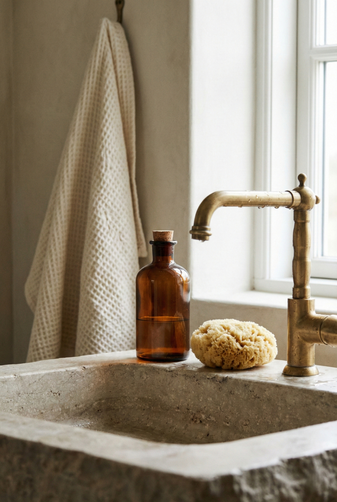 Close up of rustic bathroom details including amber glass bottles, a natural sponge, and unlacquered brass taps.