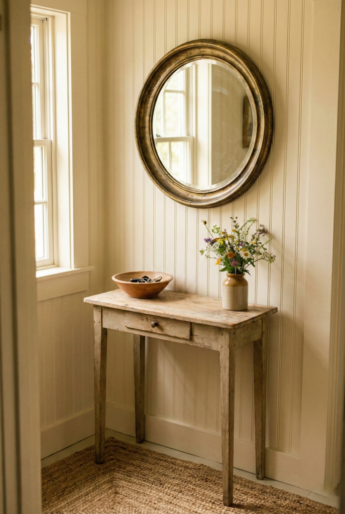 Small rustic entry nook with a vintage console table, a round mirror, and wall hooks.