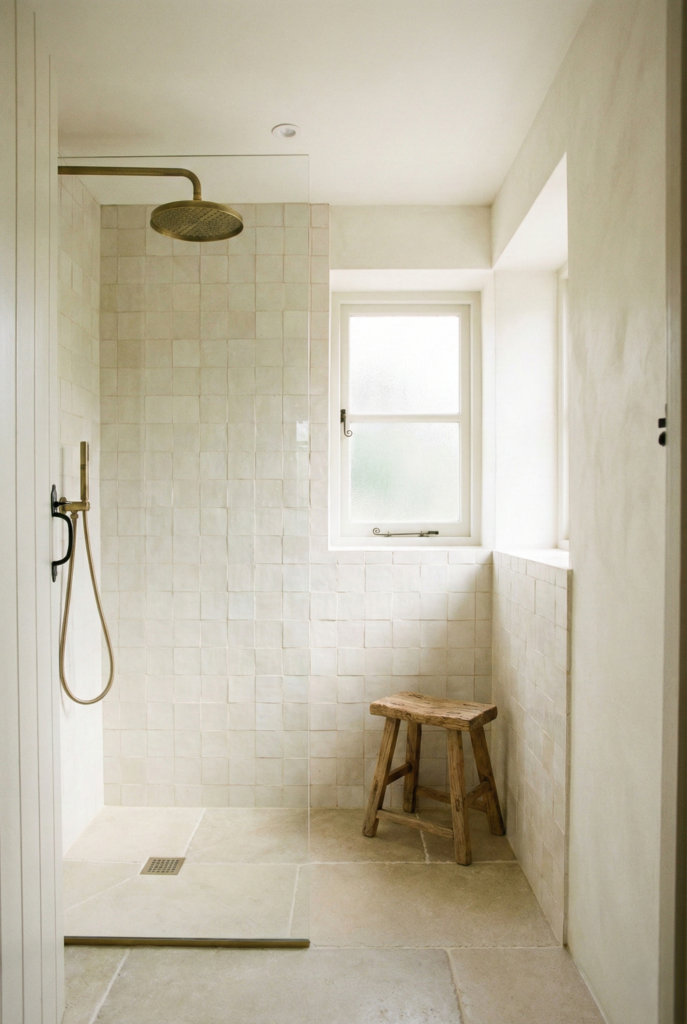 Small rustic bathroom with a walk-in shower, glass partition, and cream zellige tiles.