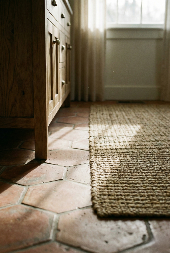 Detail of rustic bathroom flooring with terra cotta tiles, a wooden vanity cabinet, and a woven jute rug.
