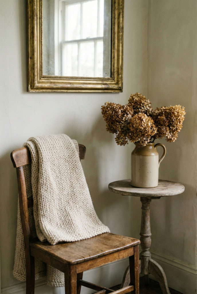 Detail of rustic entryway decor with dried flowers, a vintage mirror, and a wool throw.