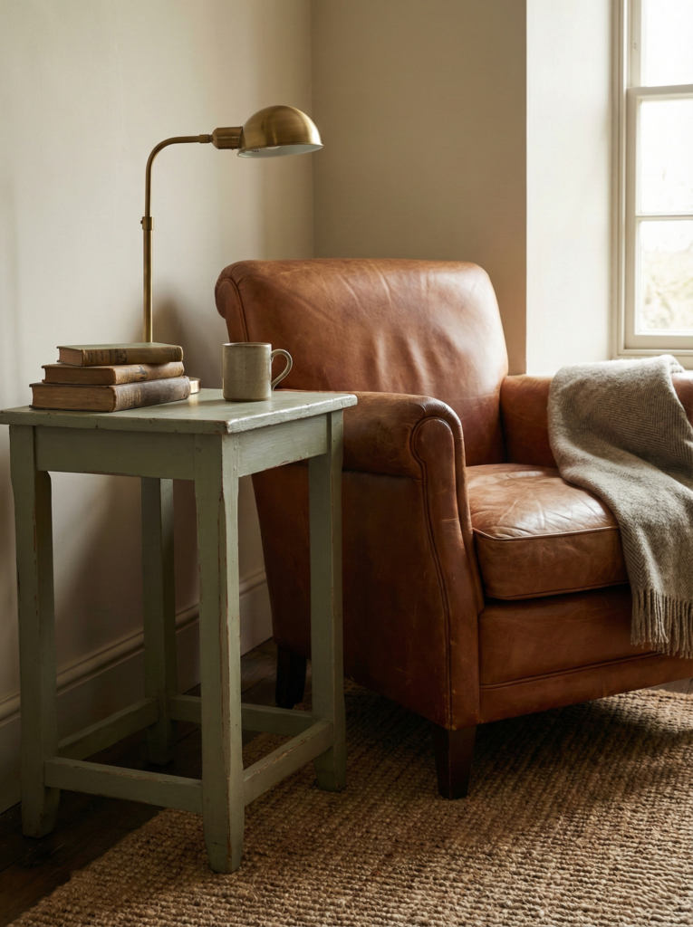 Vintage leather armchair and painted wood side table in a rustic cottage living room setting.