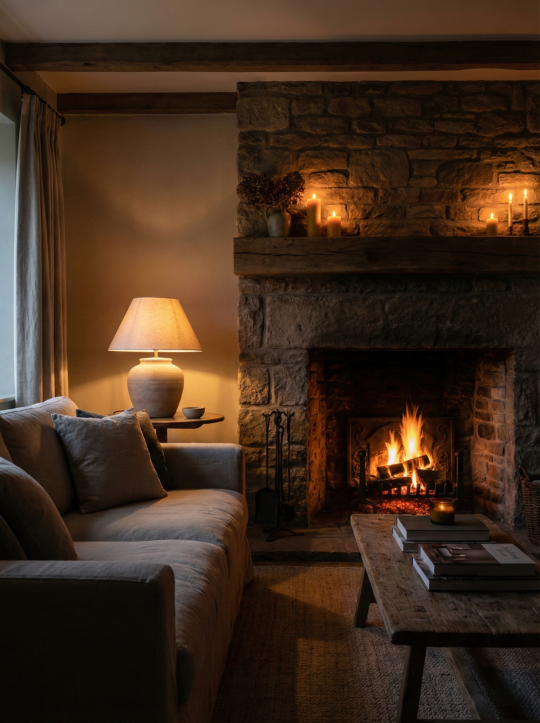 Rustic cottage living room illuminated by soft lamp light and fireplace glow in the evening.