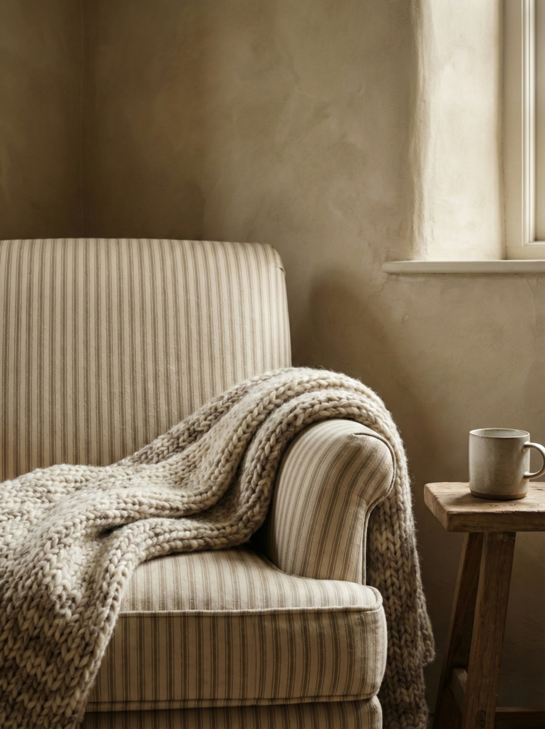 Close up of textured wool throw and striped armchair in a warm neutral country living room.