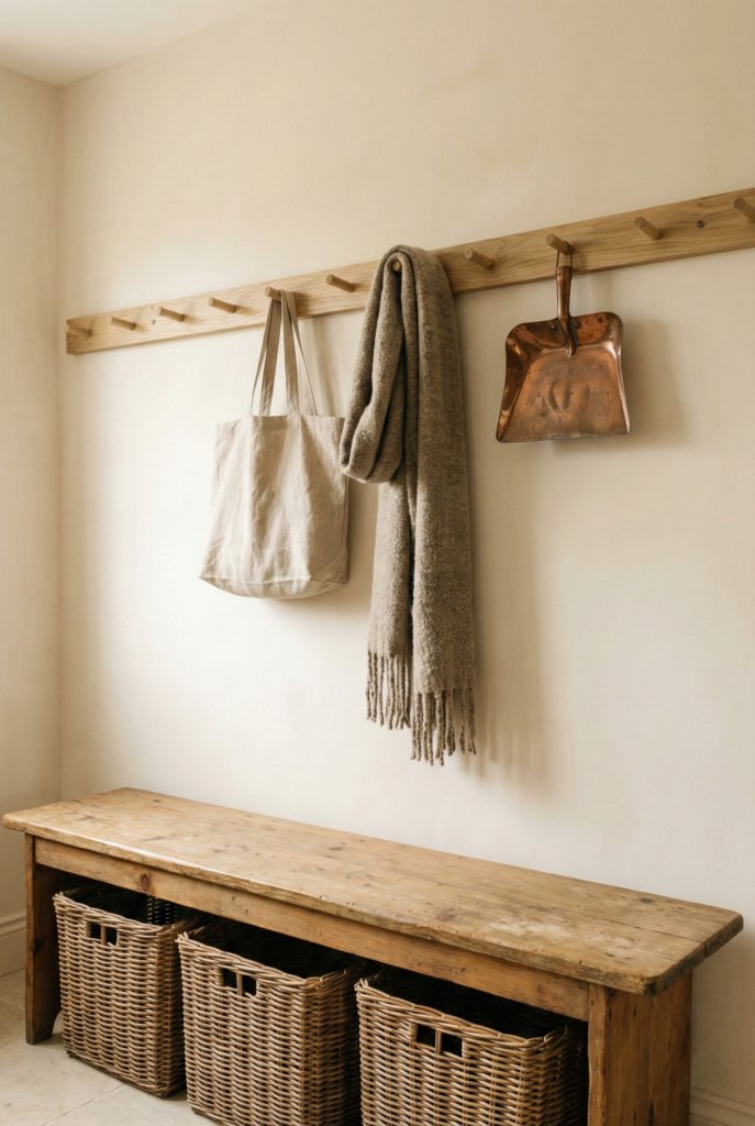 Long wooden peg rail on a cream wall above a rustic wooden bench with storage baskets.
