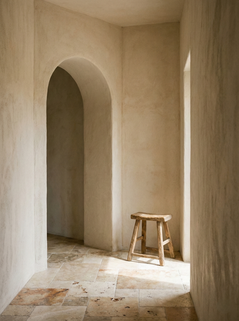 Arched plaster doorway and travertine stone flooring in a modern rustic home.