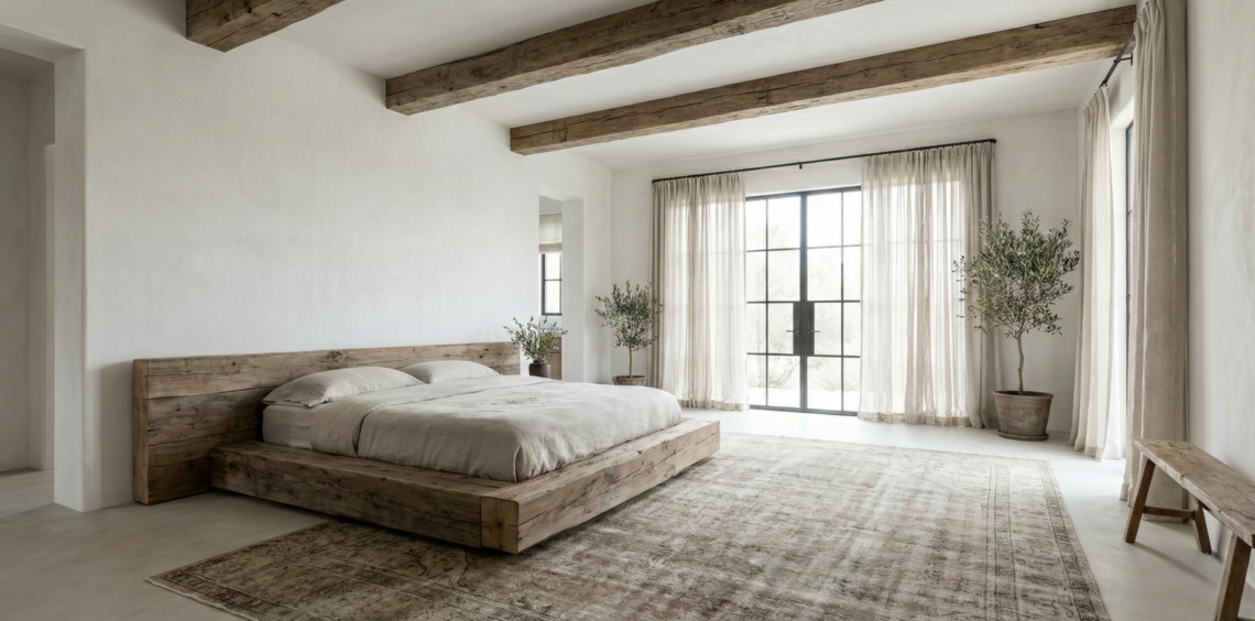 A wide-angle view of a serene sanctuary showcasing modern rustic bedroom ideas, featuring a low reclaimed oak platform bed, exposed ceiling beams, white lime-washed walls, and large steel-framed windows draping soft natural light onto a vintage wool rug.
