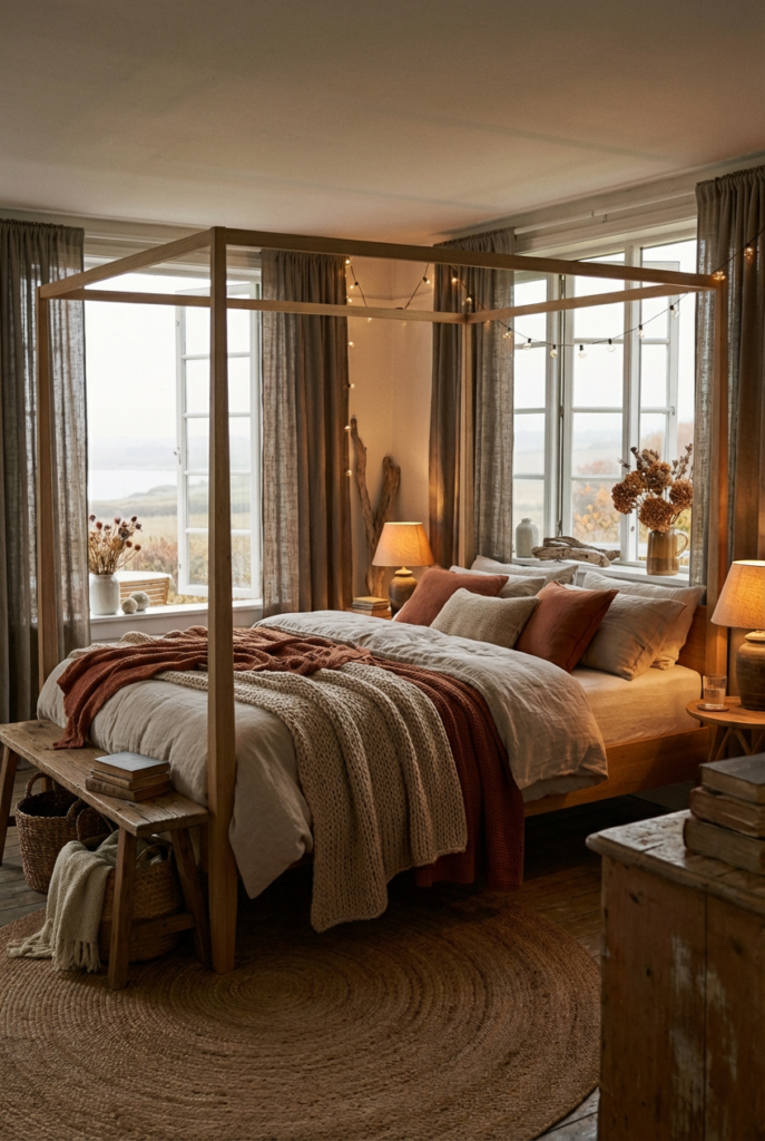 Autumn Rustic Cottage Bedroom with Warm Layered Textures