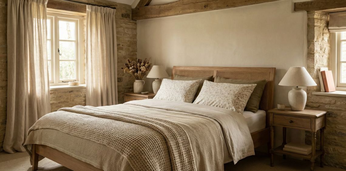Rustic cottage bedroom with layered bedding, natural textures, and cozy seasonal decor