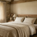 Rustic cottage bedroom with layered bedding, natural textures, and cozy seasonal decor