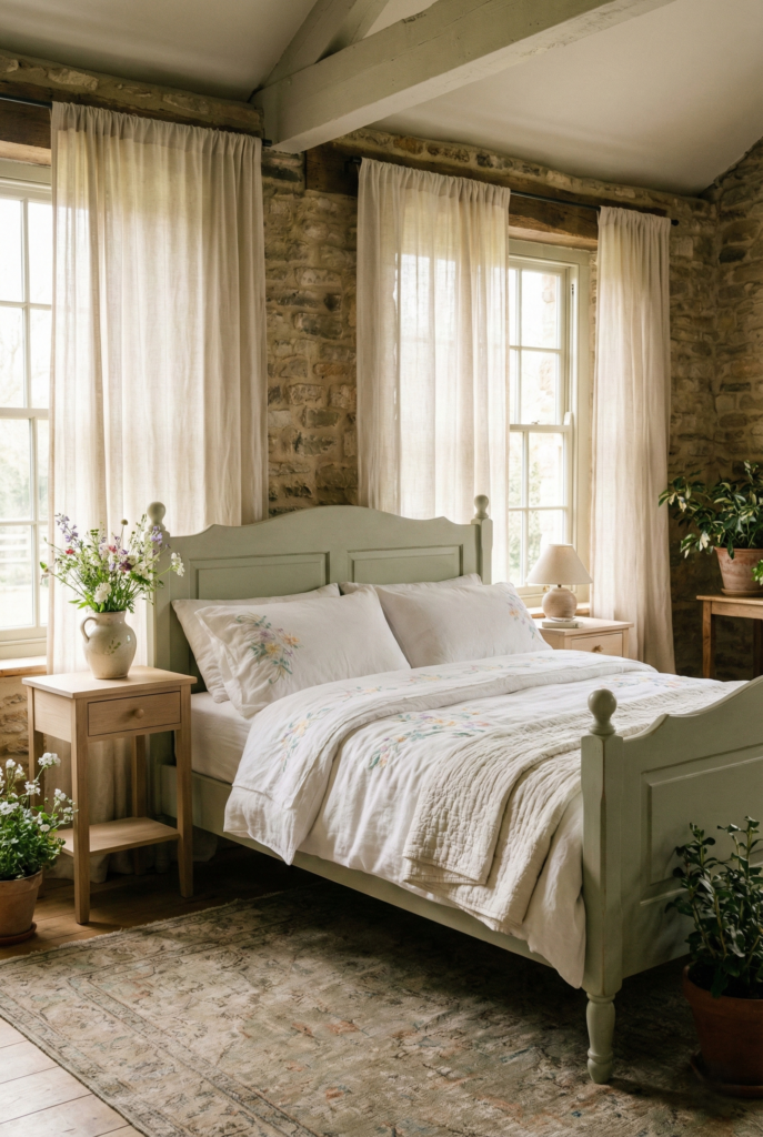 Spring rustic cottage bedroom ideas with white linen bedding, soft floral accents, and natural light