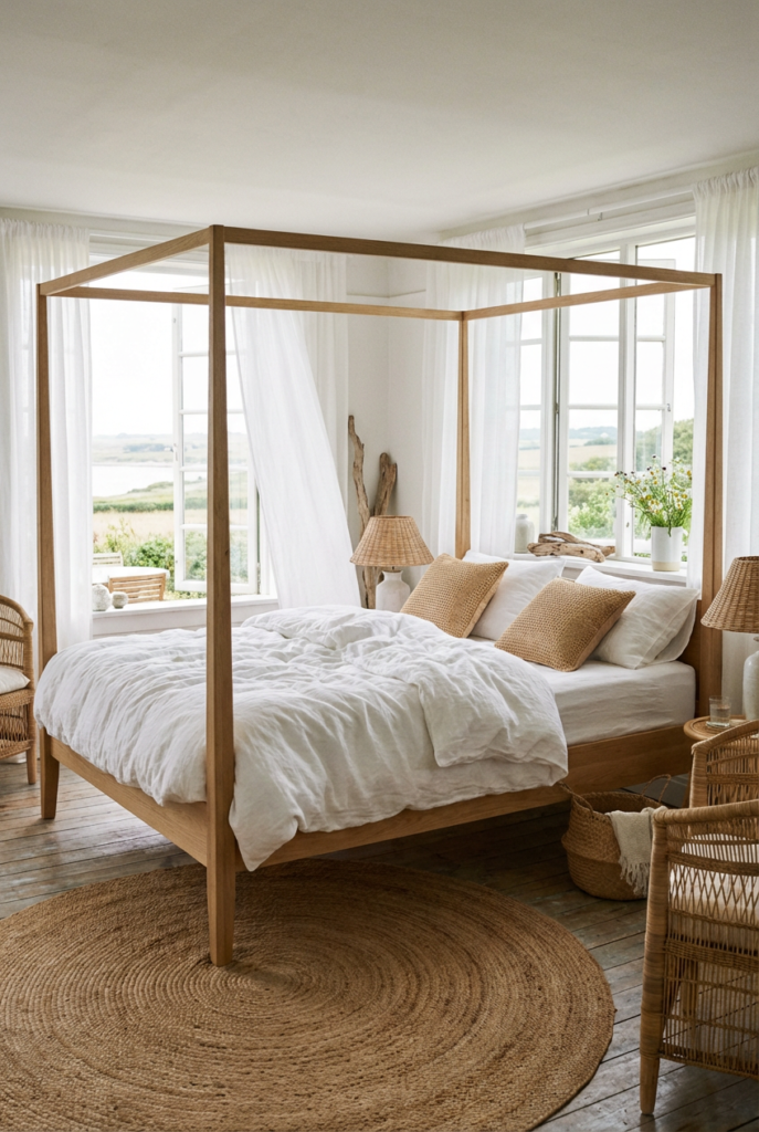 Summer Rustic Cottage Bedroom with Airy Neutral Decor