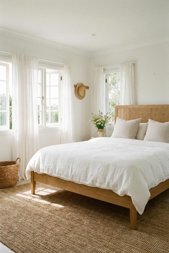 Summer rustic cottage bedroom featuring light bedding, woven textures, and relaxed cottage style