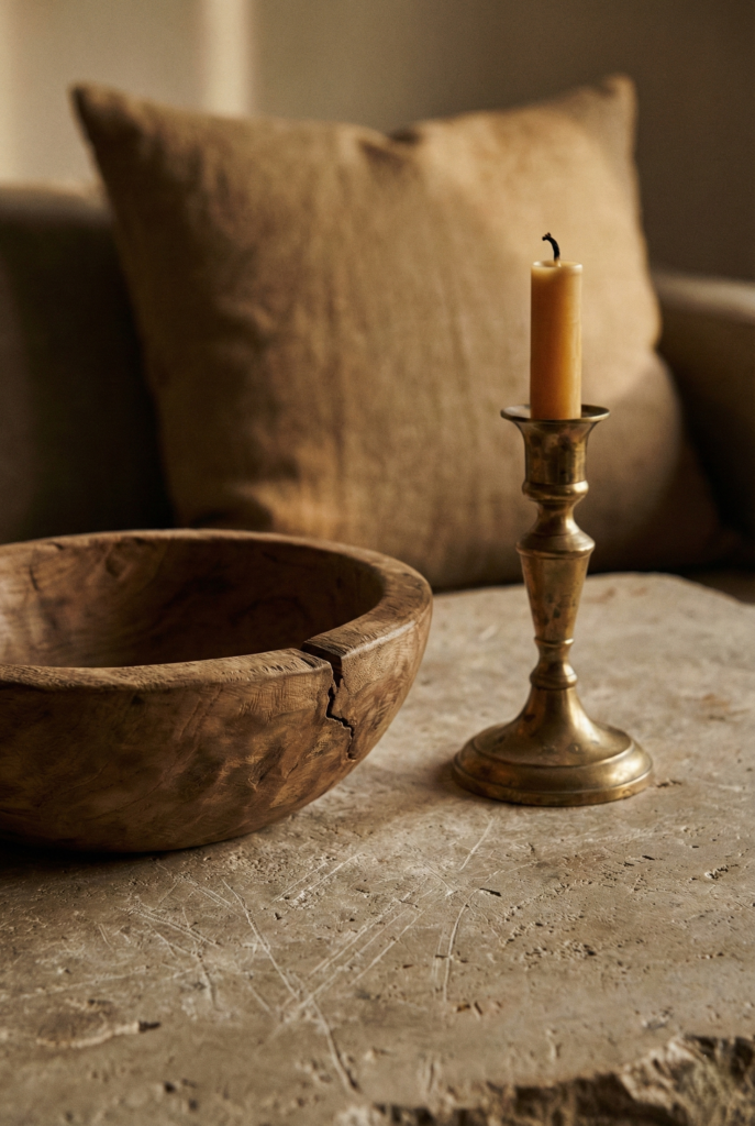 Wabi-sabi interior details showing cracked wood and unlacquered brass.