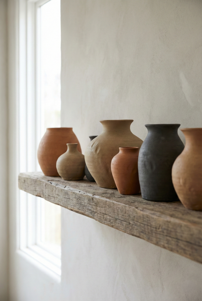 Hand-thrown ceramic vases and wooden kitchen tools displayed on a rustic shelf.
