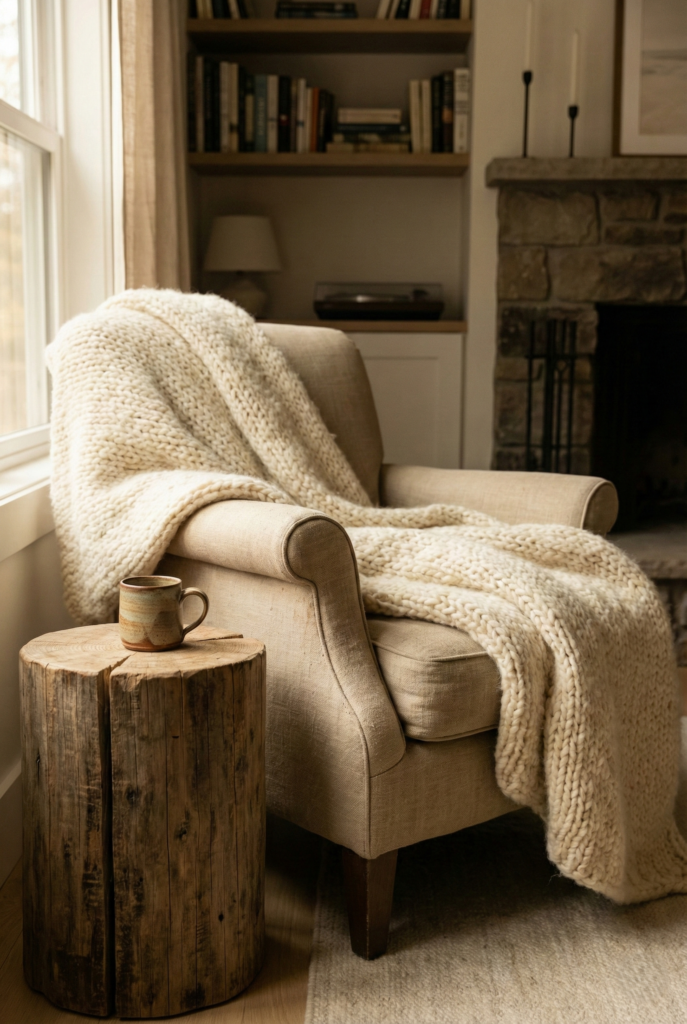 A cozy reading nook with a chunky wool throw, linen cushions, and a wooden side table.