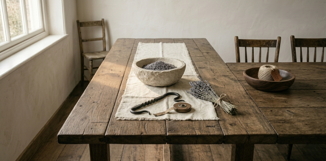 reclaimed oak dining table. The surface shows deep grain, old nail holes, and a soft matte patina. A simple linen runner and a stone bowl sit on top.