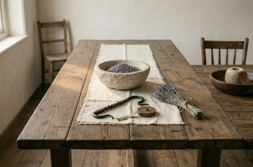 reclaimed oak dining table. The surface shows deep grain, old nail holes, and a soft matte patina. A simple linen runner and a stone bowl sit on top.