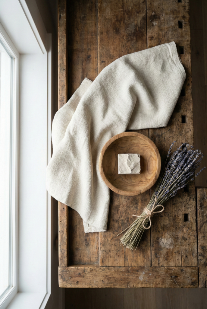 A curated collection of natural materials including reclaimed wood, stone, and linen representing slow living interiors design.
